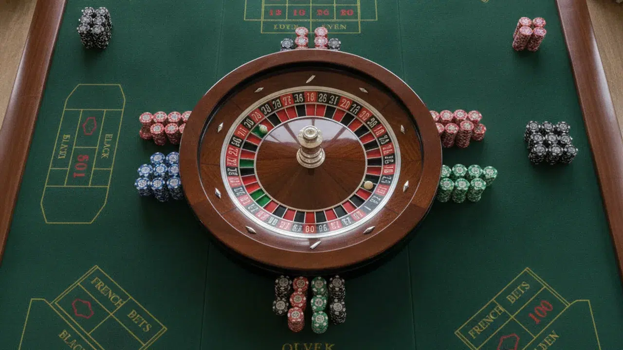 Table de casino avec roulette et jetons
